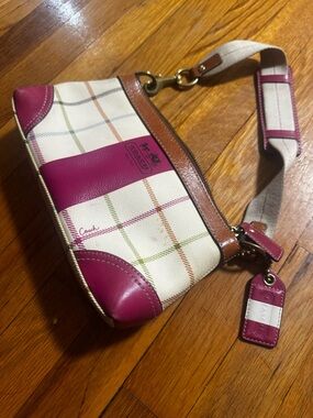 Coach Cream Plaid Shoulder Bag with Pink Leather Trim